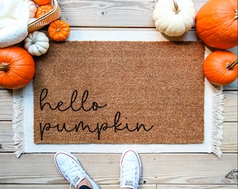 Hello Pumpkin Doormat, Fall Welcome Coir Door Mat, Autumn Porch Decor