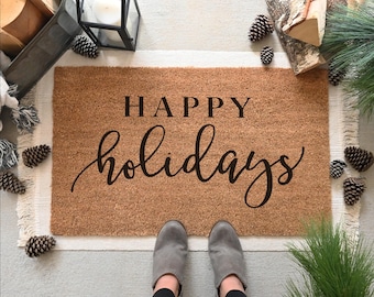 Happy Holidays Doormat, Holiday Doormat, Merry Christmas Doormat, Christmas Welcome Mat, Christmas Decor, Holiday Decor, Farmhouse Christmas