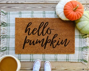 Hello Pumpkin Doormat, Fall Welcome Coir Door Mat, Autumn Porch Decor