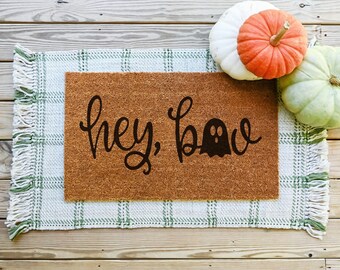 Hey Boo Ghost Doormat, Halloween Coir Door Mat, Spooky Porch Decor