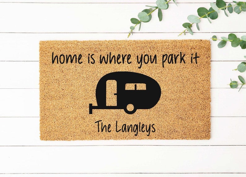 Personalized Camping Doormat, RV Door Mat, Home Is Where You Park It, Camper Life, Last Name Door Mat, Camping Welcome Mat, Monogram Rug Bild 1