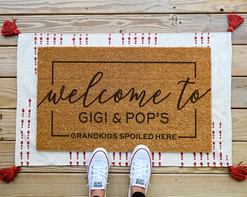 custom grandparents doormat that says welcome to nana and papa's house. Grandkids spoiled here