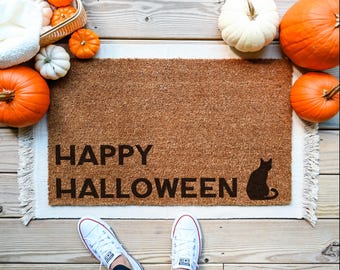 Happy Halloween Black Cat Doormat, Spooky Coir Door Mat, Halloween Decor