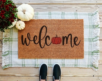 Welcome Pumpkin Doormat, Fall Coir Welcome Door Mat, Autumn Porch Decor