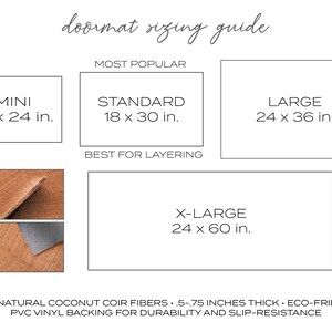 May include: Doormat sizing guide with five different sizes: Mini (16 x 24 inches), Standard (18 x 30 inches), Large (24 x 36 inches), X-Large (24 x 60 inches). Made from 100% natural coconut coir fibers, 0.5 to 0.75 inches thick, with a PVC vinyl backing for durability and slip-resistance.