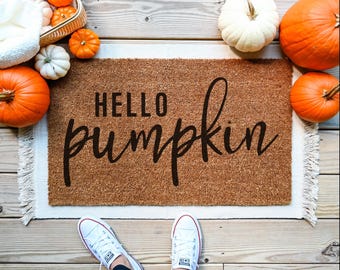 Hello Pumpkin Doormat, Fall Welcome Coir Door Mat, Autumn Porch Decor