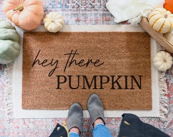 Hey There Pumpkin Doormat, Fall Pumpkin Coir Door Mat, Autumn Porch Decor