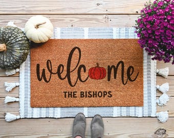 Personalized Pumpkin Welcome Doormat, Custom Fall Welcome Coir Door Mat, Fall Decor, Entryway Rug