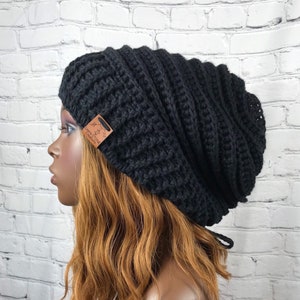 Black Cotton Oversized Slouchy Beanie w/  Drawstring