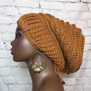 Oversized Chunky Dark Gold Slouchy Beanie w/ Drawstring