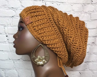 Oversized Chunky Dark Gold Slouchy Beanie w/ Drawstring