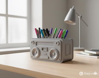 Retro Boombox Pen Holder – Desk Organizer, Cute Pencil Holder, Vintage Music Decor, Colorful Office Accessory, Gift for Music Lover