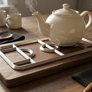 Puede incluir: Una tetera color crema con vapor saliendo del pico descansa sobre un salvamanteles de madera con un marco de metal. El salvamanteles está sobre una mesa de madera, con tazas, una cuchara y una servilleta oscura cerca. Una pequeña planta en maceta está en el fondo.