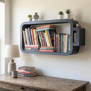 May include: A gray, battery-shaped wall shelf filled with books of various colors. The shelf has rounded corners and a rectangular extension on the right side. Small potted plants and a robot figurine sit above the shelf. A lamp and a mug are on a wooden table below.