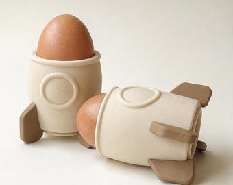 Egg Cup for Boiled Eggs, Cream and Brown Rocket Design