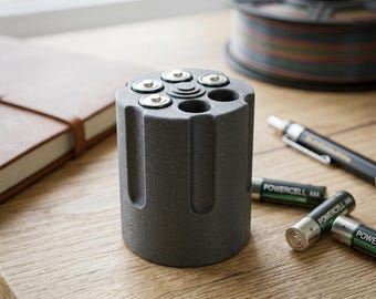 Revolver Cylinder Battery Holder - Cool Desk Organizer & Gift for Him Unique Battery Storage Practical Gift for Friends Wedding or Groomsmen