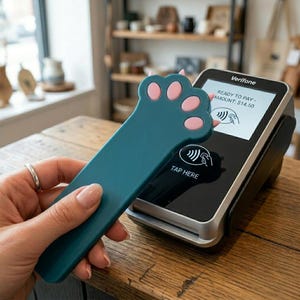 Op de afbeelding: Een turquoise contactloos betalingsapparaat in de vorm van een kattenpoot, met roze kussentjes, wordt in de buurt van een Verifone-kaartlezer gehouden. De lezer toont "READY TO PAY - AMOUNT: €14,50" en de tekst "TAP HERE".