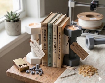 Hex Dumbbell Candle Holder – 3D Printed Modern Bookend Decor, Minimalist Industrial Home Accent, Unique Gift for Design Lovers