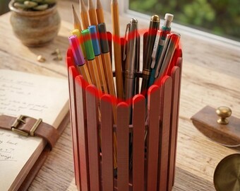 Woven Picket HEART Pen Holder Fence Unique Desk Organizer Pencil Cup for Artists & Office Handmade Feel Office Decor Heart Form