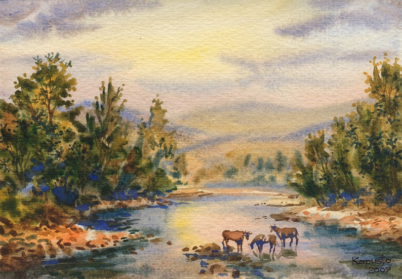 Riverside bridge watercolor painting Carpathian mountains ...