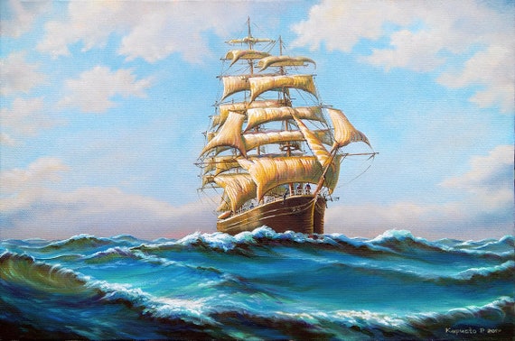 Großes Schiff Malerei Ölgemälde Segelschiff Landschaft