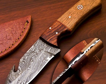 Knifehills by Rare Custom Damascus Gut Hook Hunting Skinning Knife | HARD WOOD HANDLE (S-76)