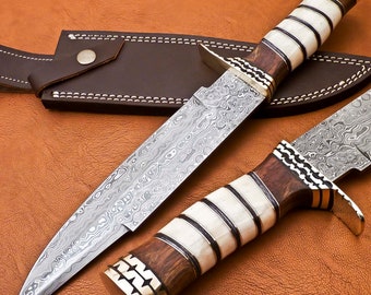 Rare Custom Damascus Bowie Knife | Burl Wood Handle