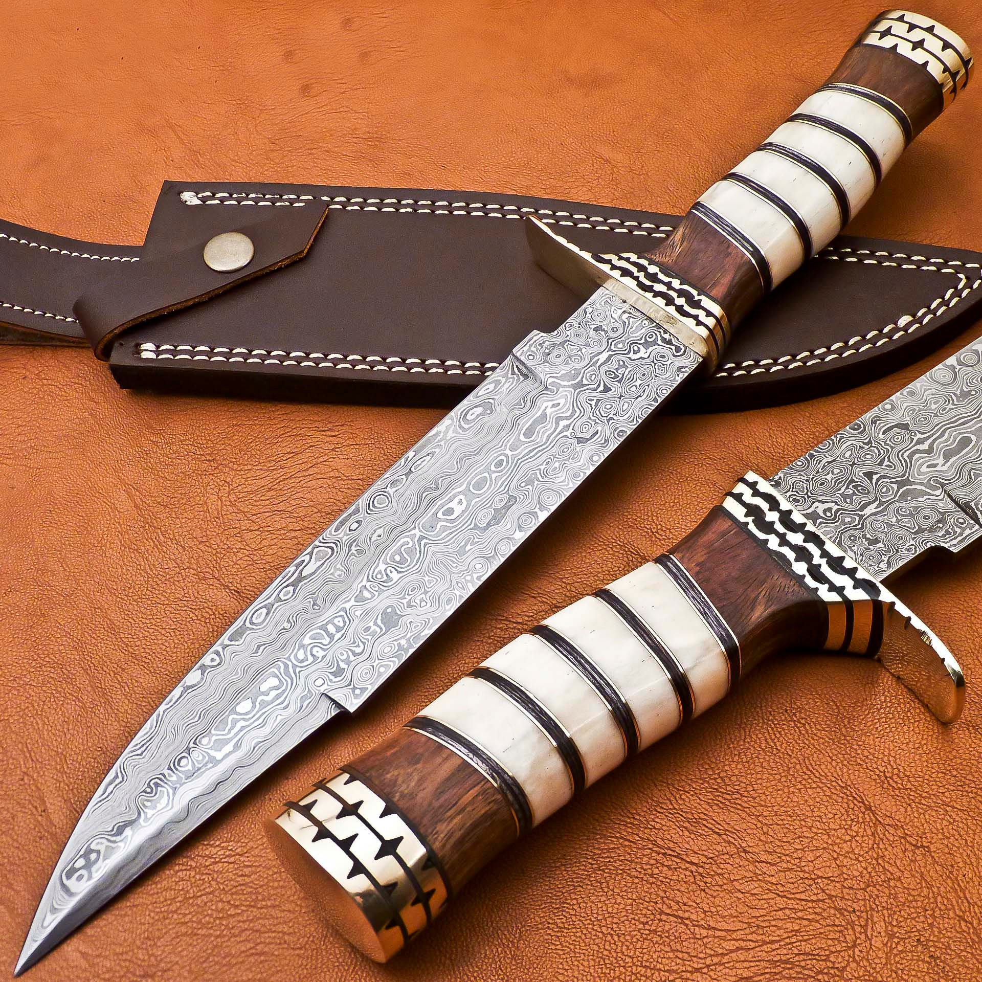 Rare Custom Blood Grooved Damascus Bowie Knife | Burl Wood Handle
