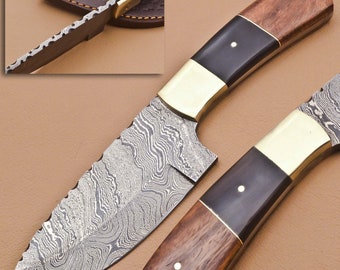 Rare Custom Damascus Skinning Knife | Black Horn Rose Wood Handle (H-600)