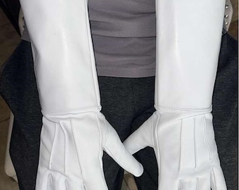 White Genuine Leather Long Cuff Medieval Costume Gloves For Men