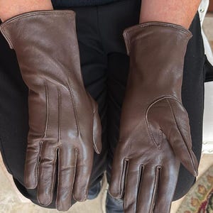 May include: A pair of brown leather gloves. The gloves are a rich, dark brown color and appear to be made of soft leather. The gloves have a classic design with a smooth finish and are likely designed for warmth and protection.