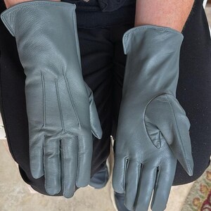 May include: A pair of gray leather gloves. The gloves have a classic design with a smooth texture and visible stitching details. The gloves are long, extending past the wrist.