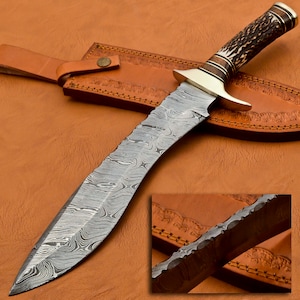 Rare Custom Blood Grooved Custom Damascus  Kukri Knife | Stag Antler Handle (KM-7002)