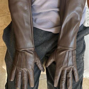 May include: A pair of brown leather gloves with long sleeves. The gloves are a rich, dark brown color and appear to be made of high-quality leather. The sleeves extend up the arm, offering extensive coverage. The gloves have detailed stitching.