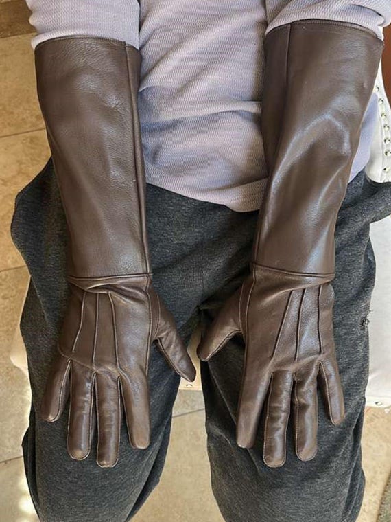 mens brown dress gloves Genuine Leather Long Cuff Medieval Cashmere lined