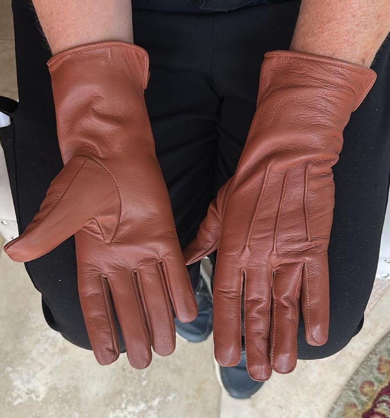 May include: A pair of brown leather gloves. The gloves are a warm, reddish-brown color and appear to be made of soft leather. The gloves have a classic design with individual fingers and a slightly extended cuff.