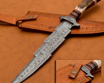 Custom Damascus Fighter Kris Dagger Hunting Knife | Stag Antler Handle (KM-7003)
