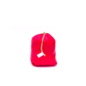 May include: A bright red drawstring bag with a yellow cord. The bag has a white tag attached to the cord.