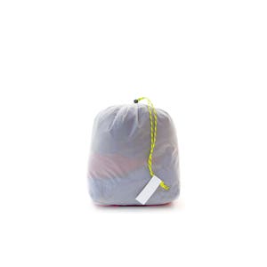 May include: A grey drawstring bag with a white tag attached. The bag is made of a mesh material and has a yellow and blue drawstring.
