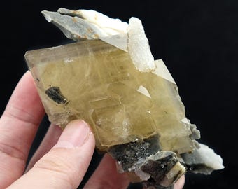 Old-timer Large Yellow Baryte Crystal with Quartz from Xikuangshan Mine, Lengshuijiang, China