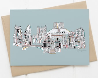 York landmarks skyline card blue