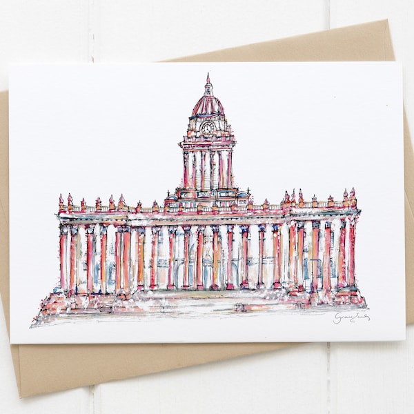 Leeds Town Hall painted greetings card