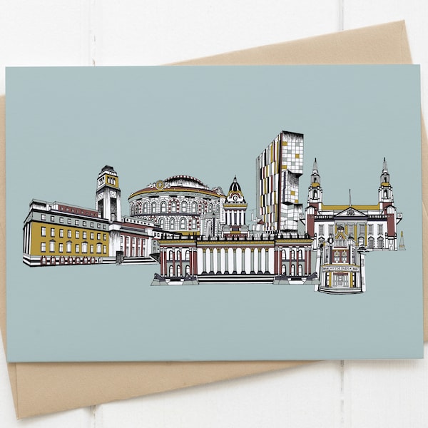 Leeds skyline landmarks card blue