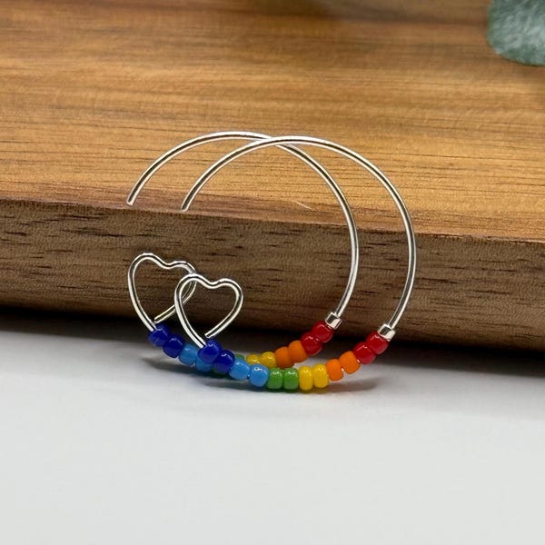 Pride Rainbow Heart Hoop Earrings: Beaded Silver Plated and Gold Plated LGBTQ+ Jewelry