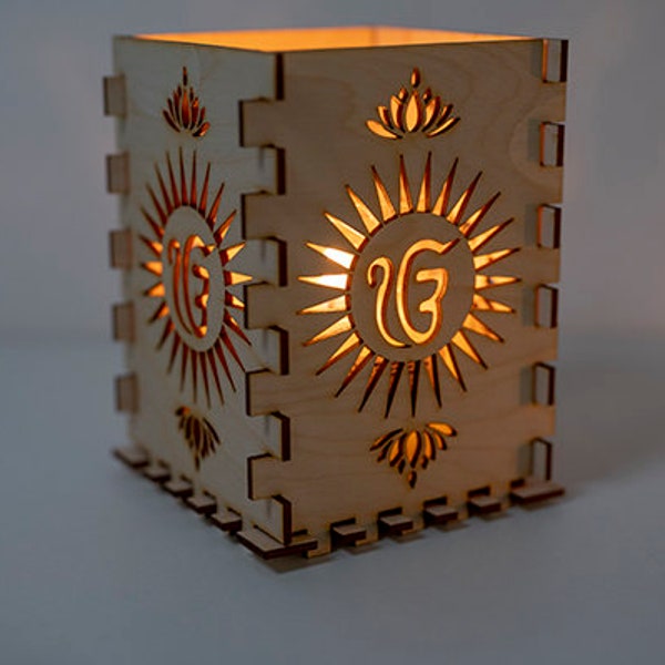 Sikh Sacred Symbol-Wooden candle lantern holder with Ik Onkar for  glass enclosed candles.
