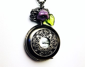 Steampunk Pocket Watch Necklace: Gunmetal Rose, Floral Pendant