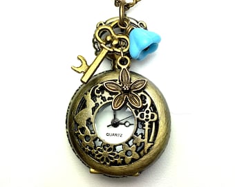 Alice in wonderland Quartz pocket watch. With Cheshire cat on the back. Cheshire Cat Pocket Watch – Vintage Pendant Necklace With  main image 2