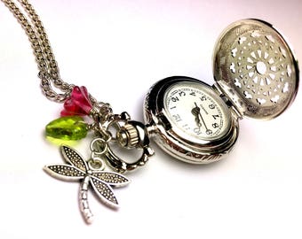 Pocket Watch Necklace - Antique Brass, Dragonfly Charm