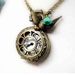 Steampunk Songbird Pocket Watch Necklace: Bronze Bird & Turquoise Bead