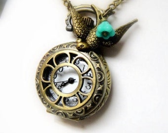 Songbird Pocket Watch Necklace - Pocket Watch Necklace - Steampunk Bird Watch Necklace - Songbird Necklace - Steampunk Pocket Watch Necklace